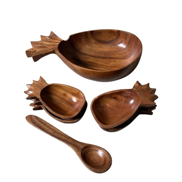 Vintage Handmade Monkey Pod Wooden Pineapple-Shaped Serving Bowl Set - Picture 2 of 12